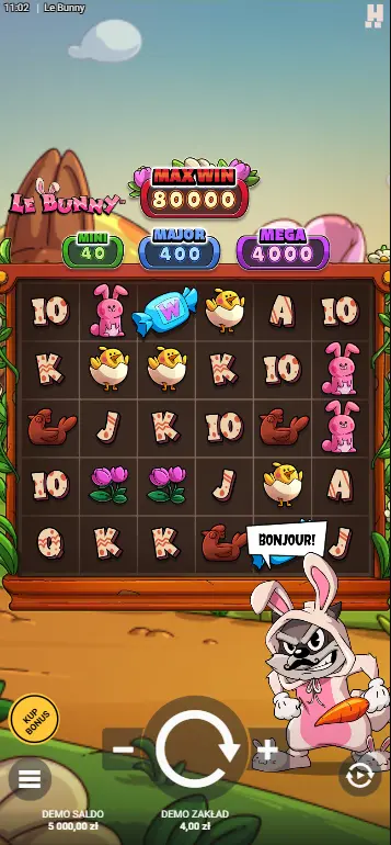 Gra bazowa Le Bunny slot z wielkanocną scenerią i różowym króliczkiem