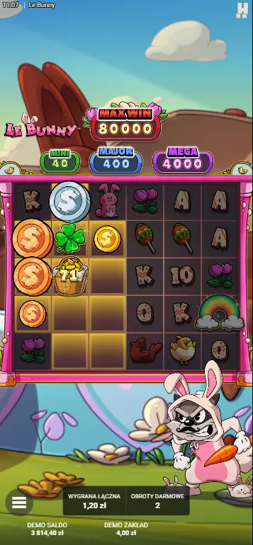 Le Bunny casino Złote Pola podświetlone na siatce po wygranych