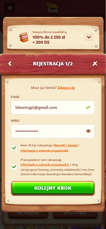 Formularz rejestracji do gry w Le Bunny na prawdziwe pieniądze