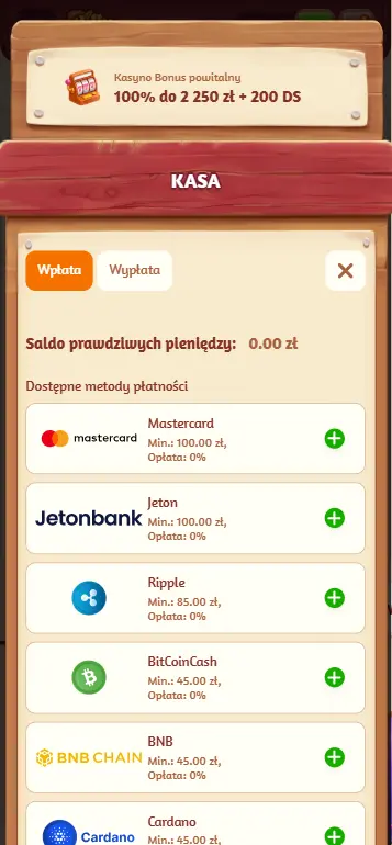 Interfejs wpłaty dla Le Bunny Polska casino